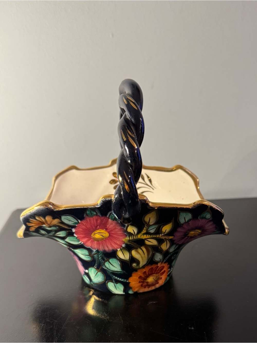Bequet Hand-Painted Floral Ceramic Basket Twisted Handle - Black & Multicolor